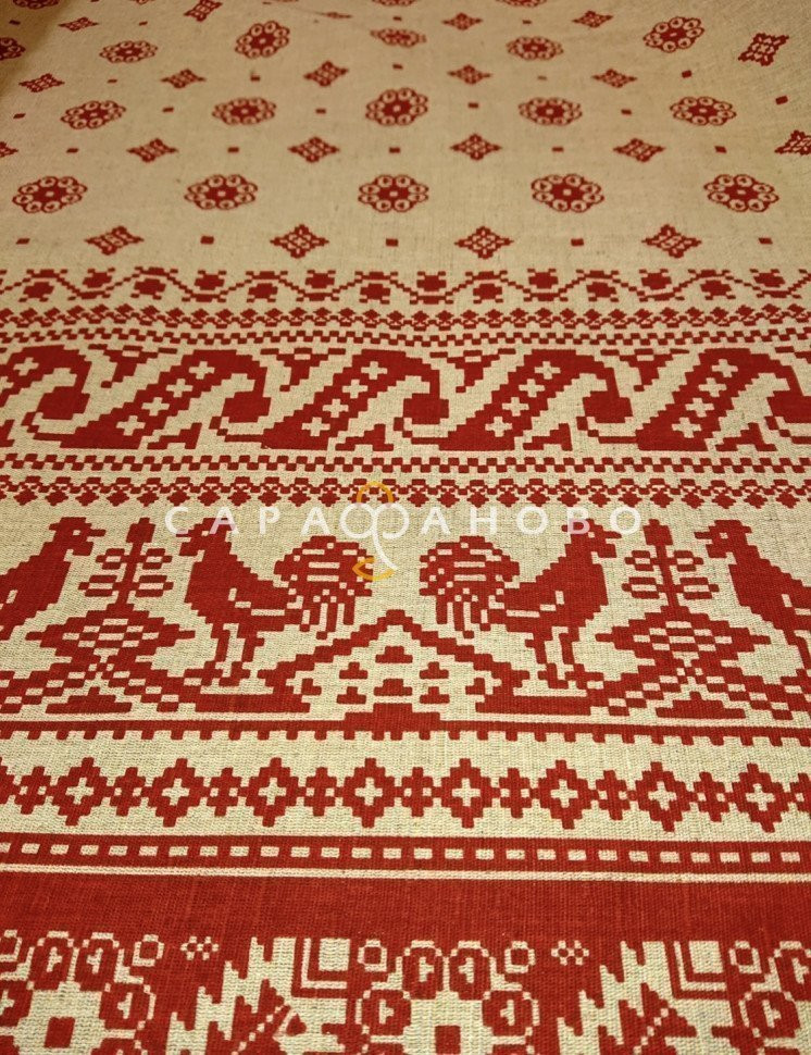Ткань Полулён п/варёный 150 см. рис ВЫШИВКА ( Петушки на крыше) № 1026 На отрез